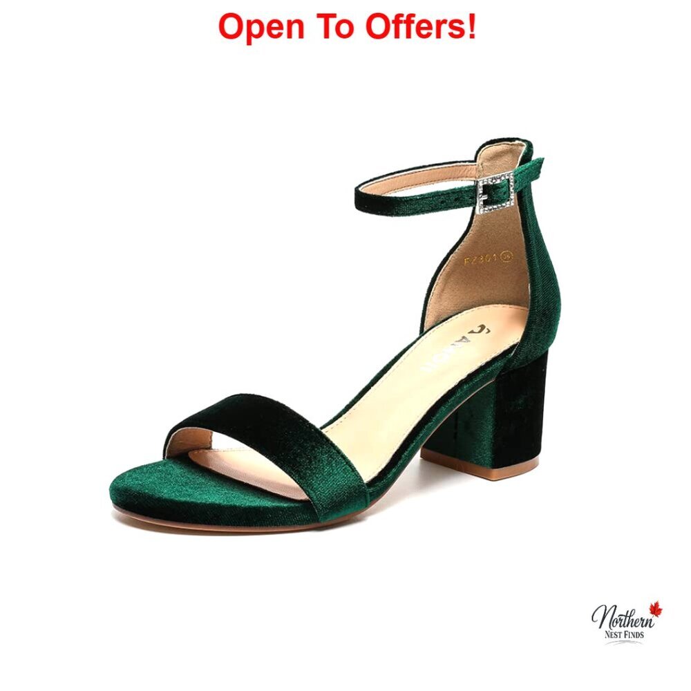 Velvet Ankle Strap Heeled Sandals with 2 Inch Chunky Block Heel